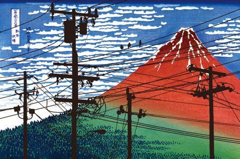 mocking woodcut of electric lines in front of a pretty mountain