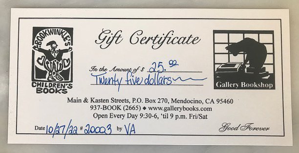 Gallery Bookshop Gift Certificate: $25
