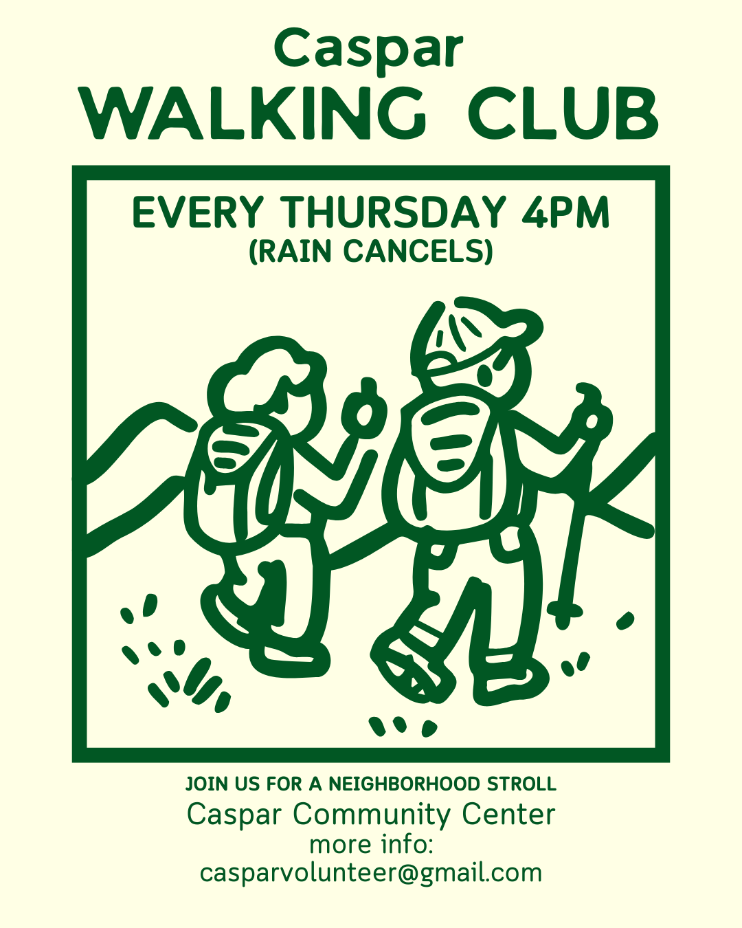 Caspar Walking Club meets weekly at the Caspar Community Center in Caspar, California on Thursdays at 4 pm.